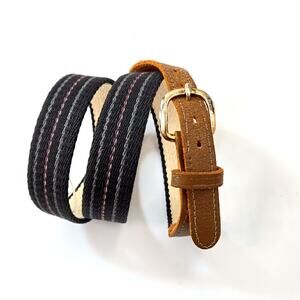 Canvas Web Belt Leather Trim Brown Black Stripe Preppy Casual kids Belt
